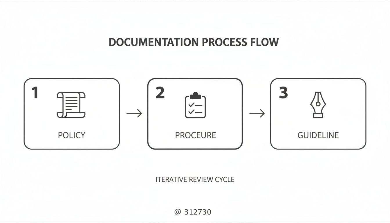 A documentation process flow showing Policy, Procedure, and Guideline steps, with an iterative review cycle.