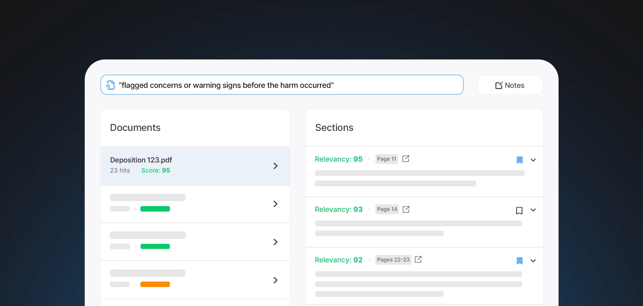 Interface showing cross-referencing of multiple depositions and evidence to uncover contradictions, repeated claims, and factual inconsistencies