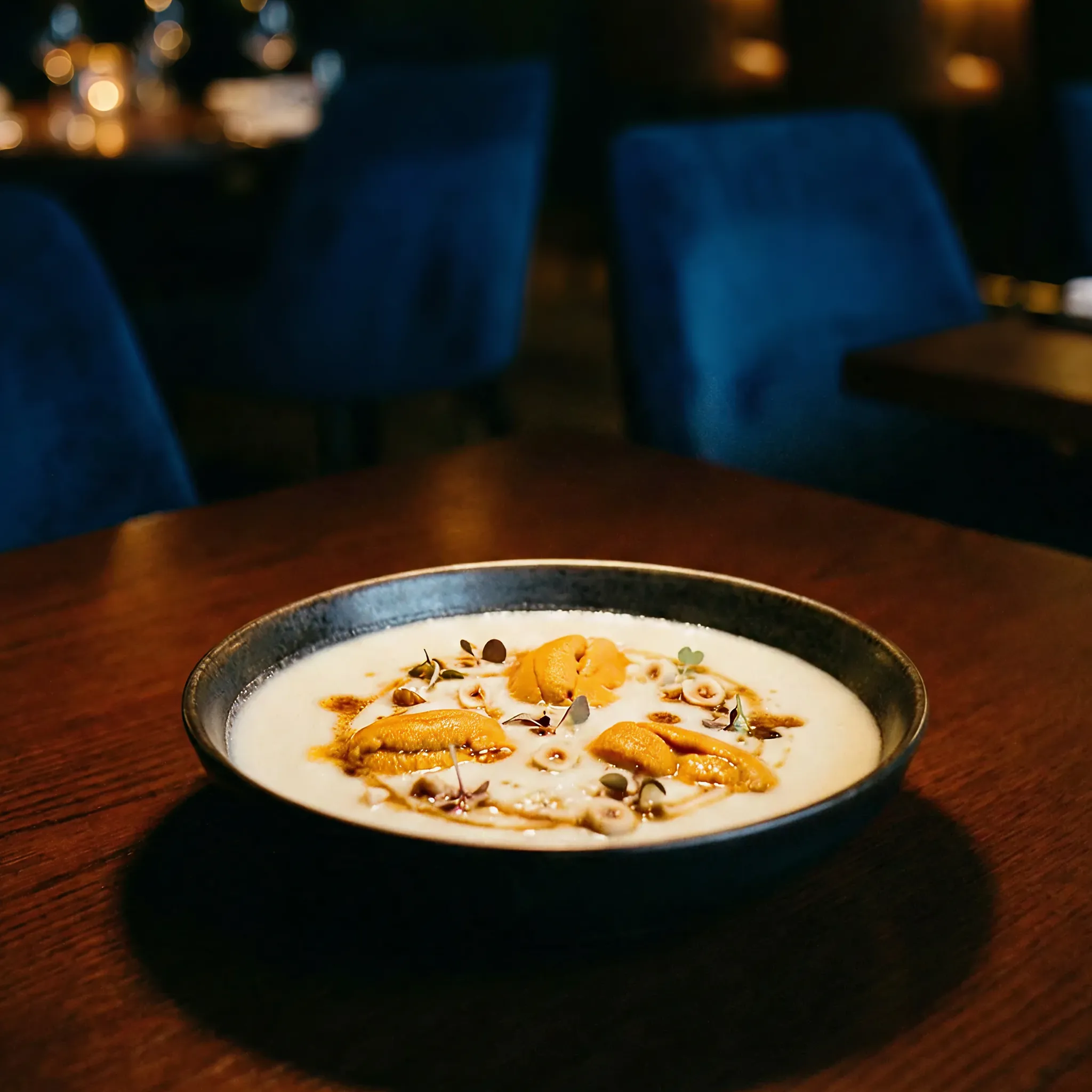 A bowl of creamy soup topped with uni, herbs, and nuts on a wooden table. Blue chairs and warm lighting create a cozy dining atmosphere.