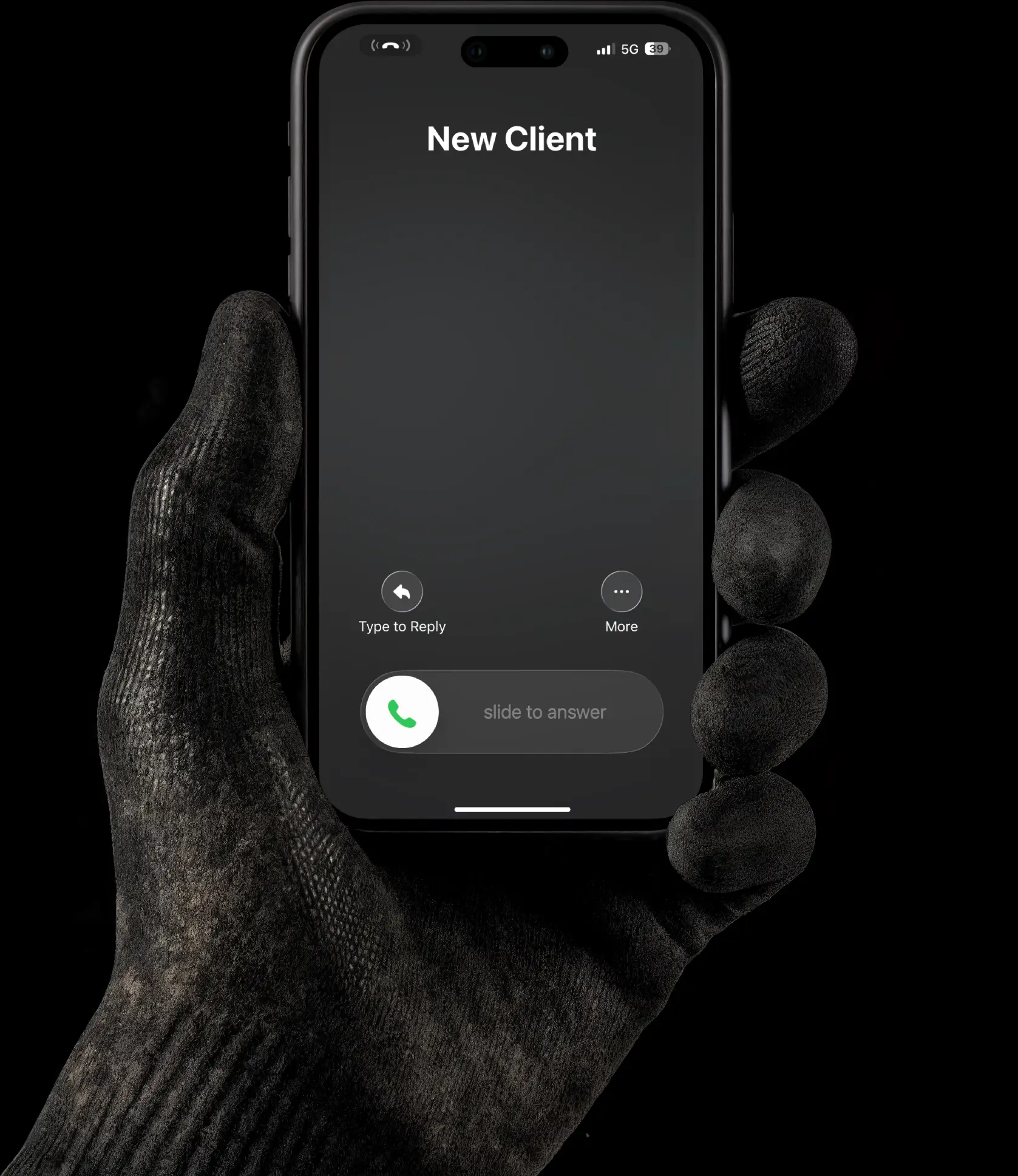 Black work glove holding a smartphone with an incoming call labeled ‘New Client,’ symbolizing the connection between builders and digital leads.
