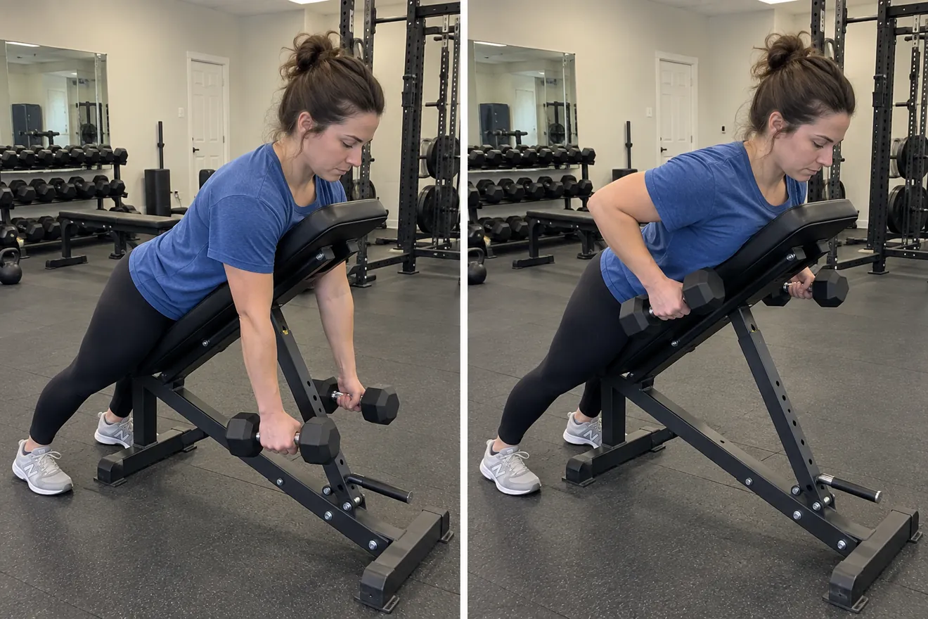 Chest-supported dumbbell row: weights hang below the shoulders on the left; elbows draw back with weights beside the ribs on the right.