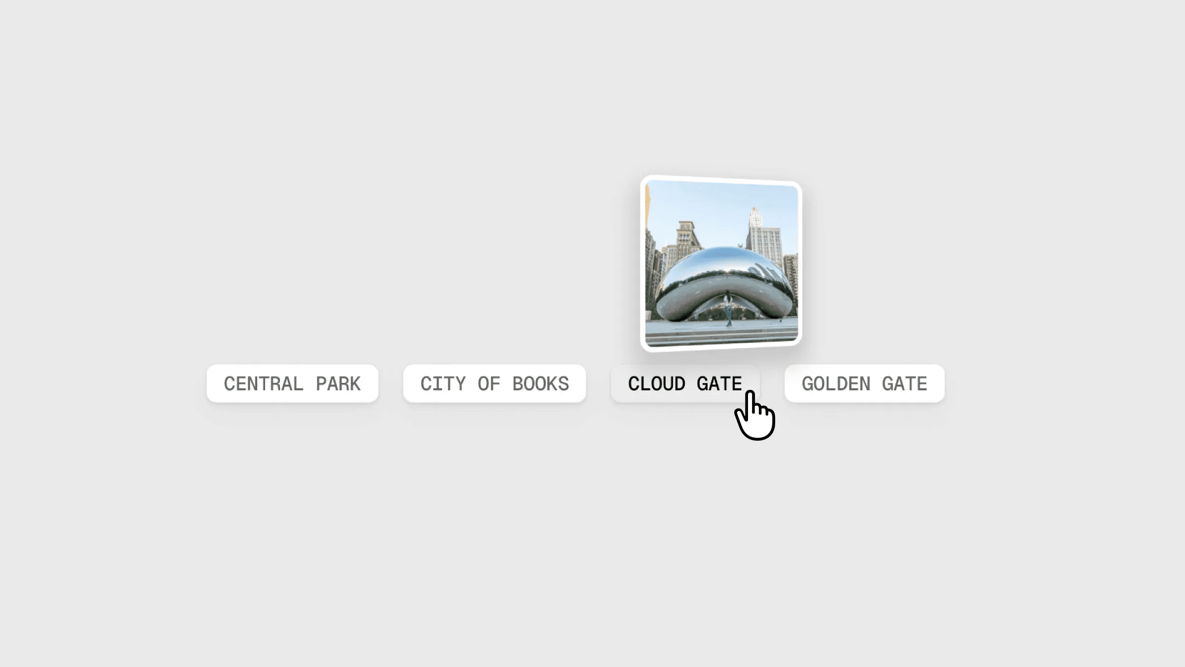 Location filter chips with thumbnail, Cloud Gate selected