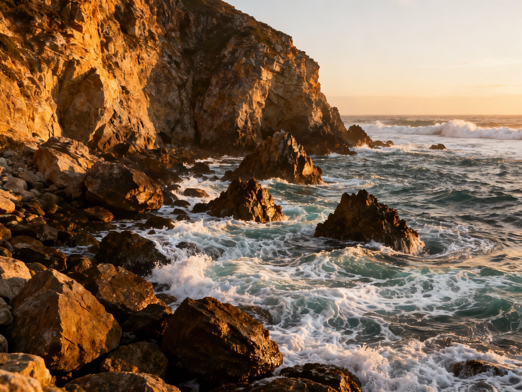 An expansive wide-angle view of a rugged coastline under the golden hour’s warm glow, spotlighting