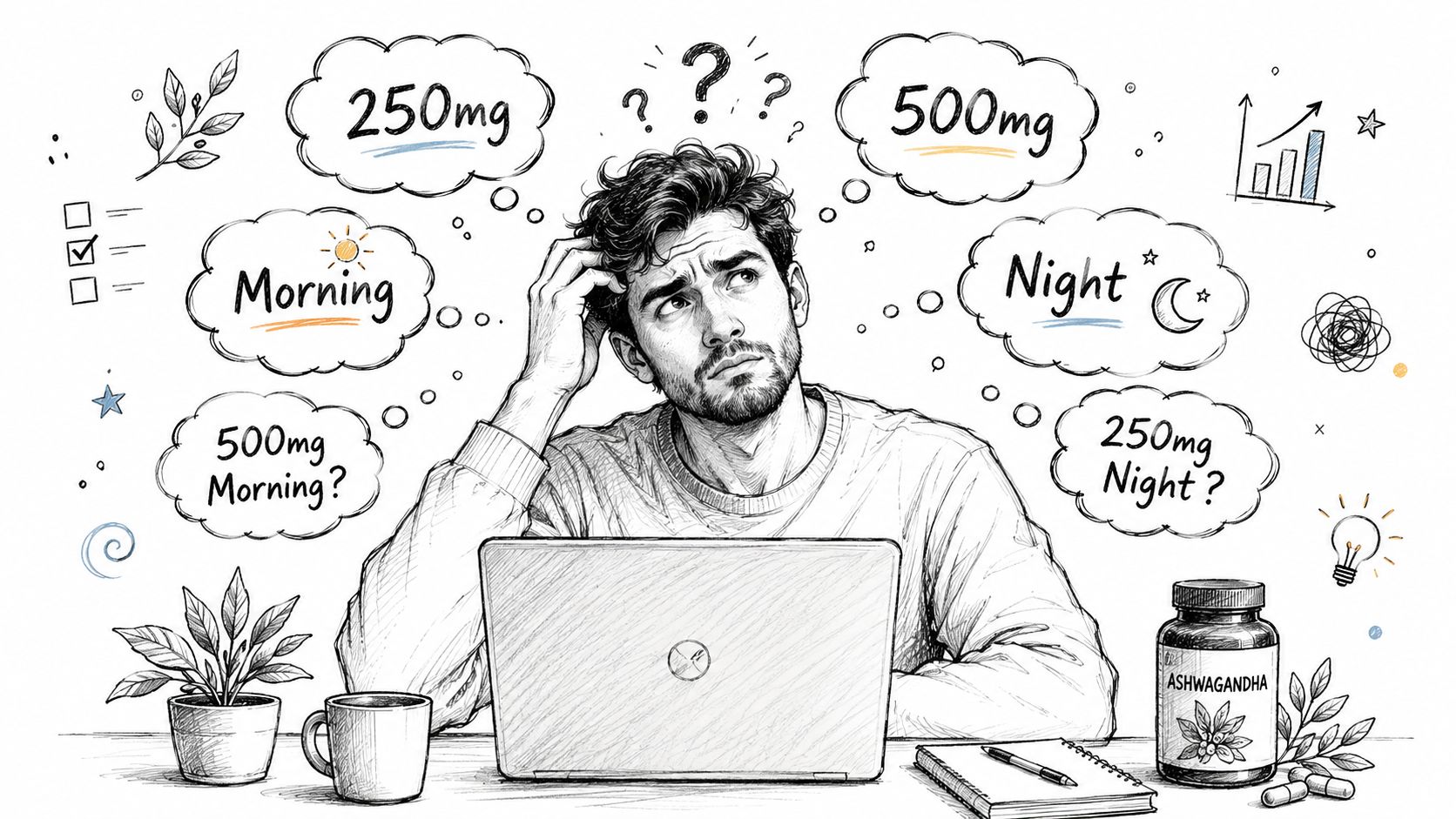 A sketched man looking confused at his laptop while considering different ashwagandha daily dosage options.