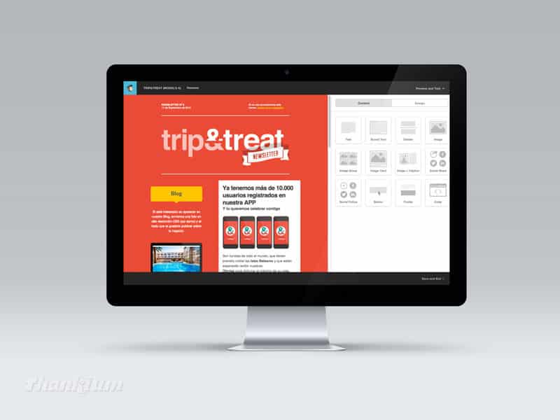 Pantalla de computadora mostrando diseño de newsletter "trip&treat" con diseño atractivo.