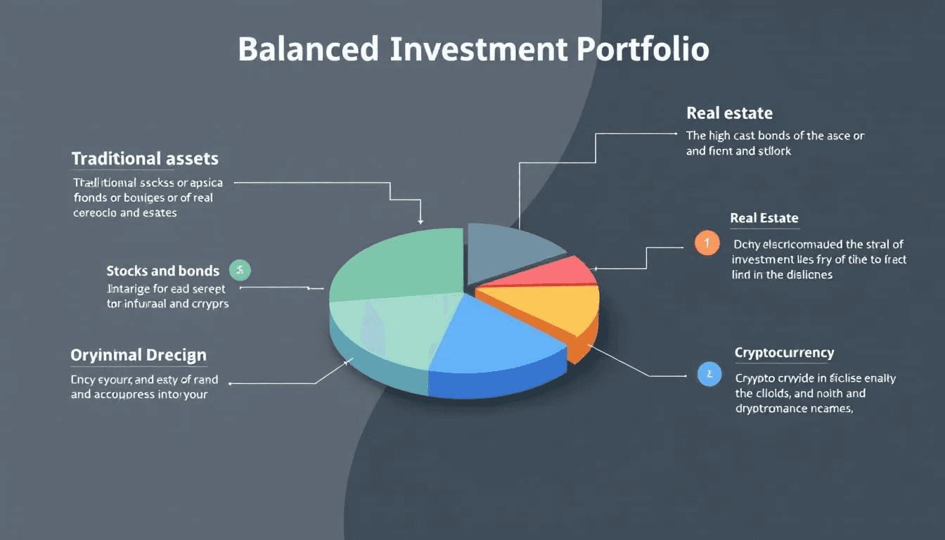 The image features a pie chart illustrating a balanced investment portfolio, with a small segment dedicated to crypto assets, highlighting the growing interest in the cryptocurrency market. This visual representation emphasizes the role of digital currencies like bitcoin as part of modern investment strategies.