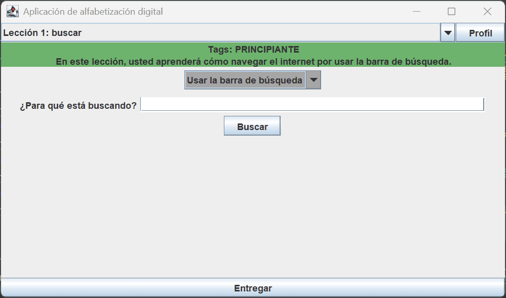 A screenshot of the Search lesson of the application.
