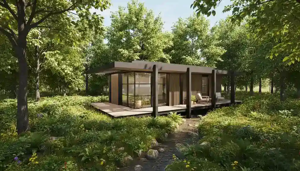 Écolodge Megyma Copacabanon à toiture plate dans une clairière boisée, terrasse en bois et grandes baies vitrées