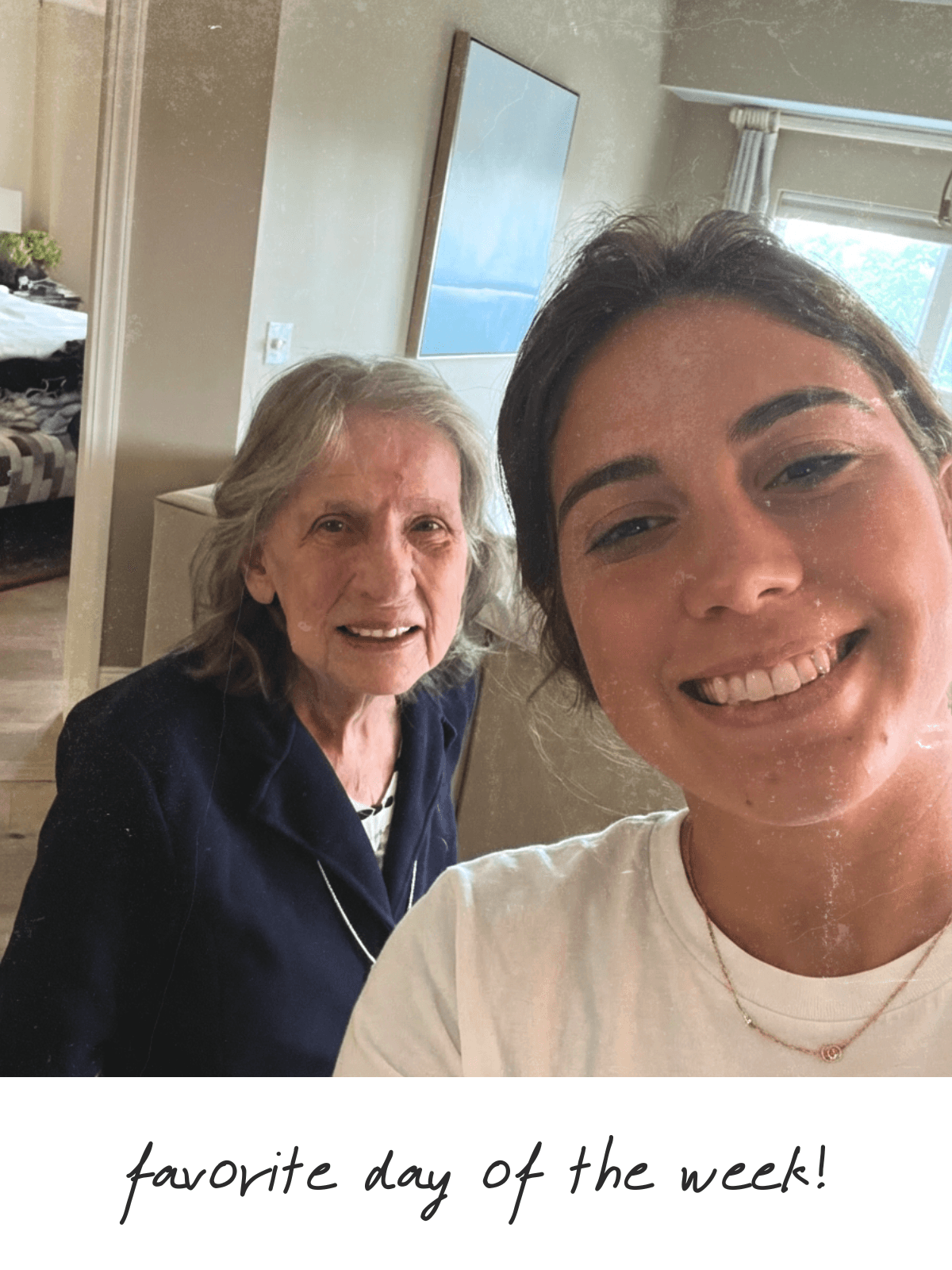 Polaroid selfie of CareYaya student and older adult woman in a living room
