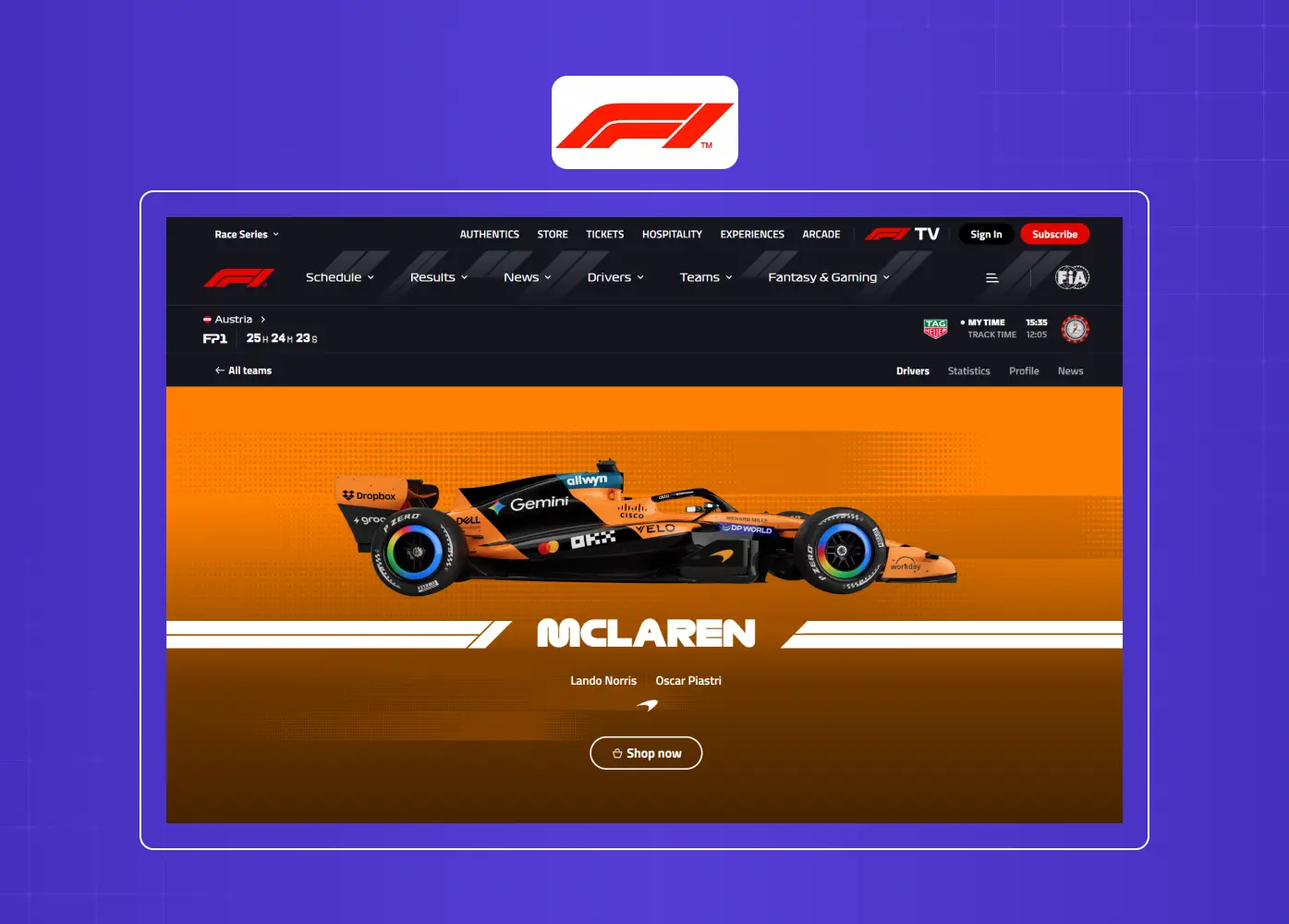 Team showcase page featuring a McLaren race car with bold branding and motorsport-focused navigation.