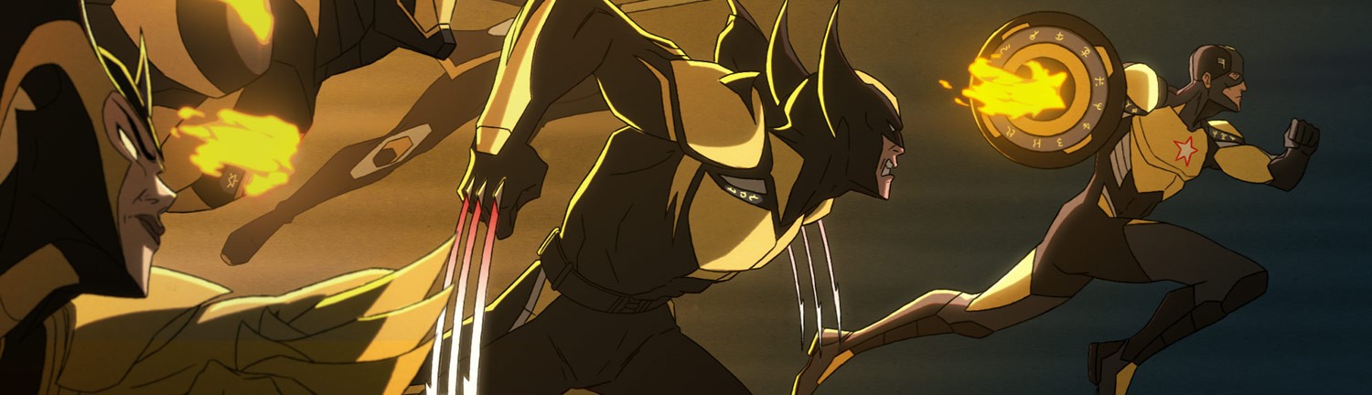 Wolverine, Captain America, and Iron Man leap into battle, capturing an action-packed moment of Marvel heroes in dynamic motion.