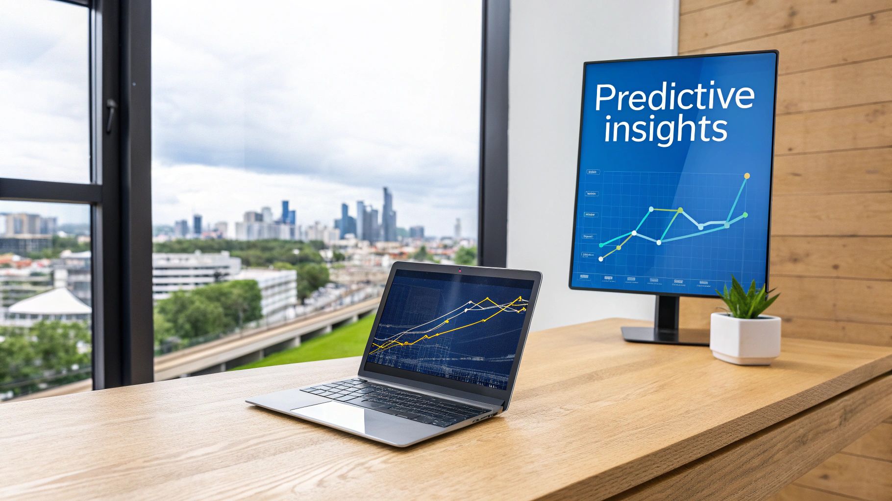 Modern office desk with laptop and monitor displaying predictive analytics charts and data insights
