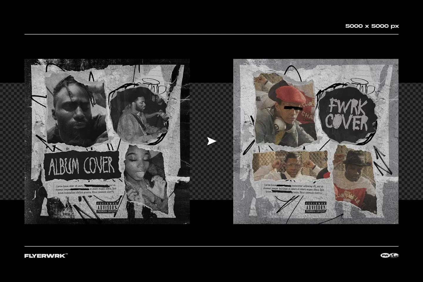 Comparison of monochrome and color variations for a collage style album cover template with torn paper