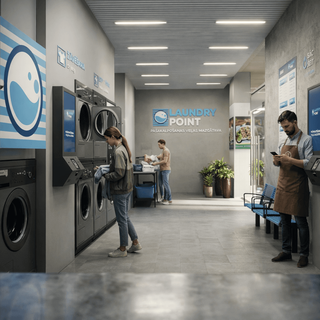 Pašapkalpošanās veļas mazgātava ar žāvētājiem un veļas mašīnām Laundry Point Riga