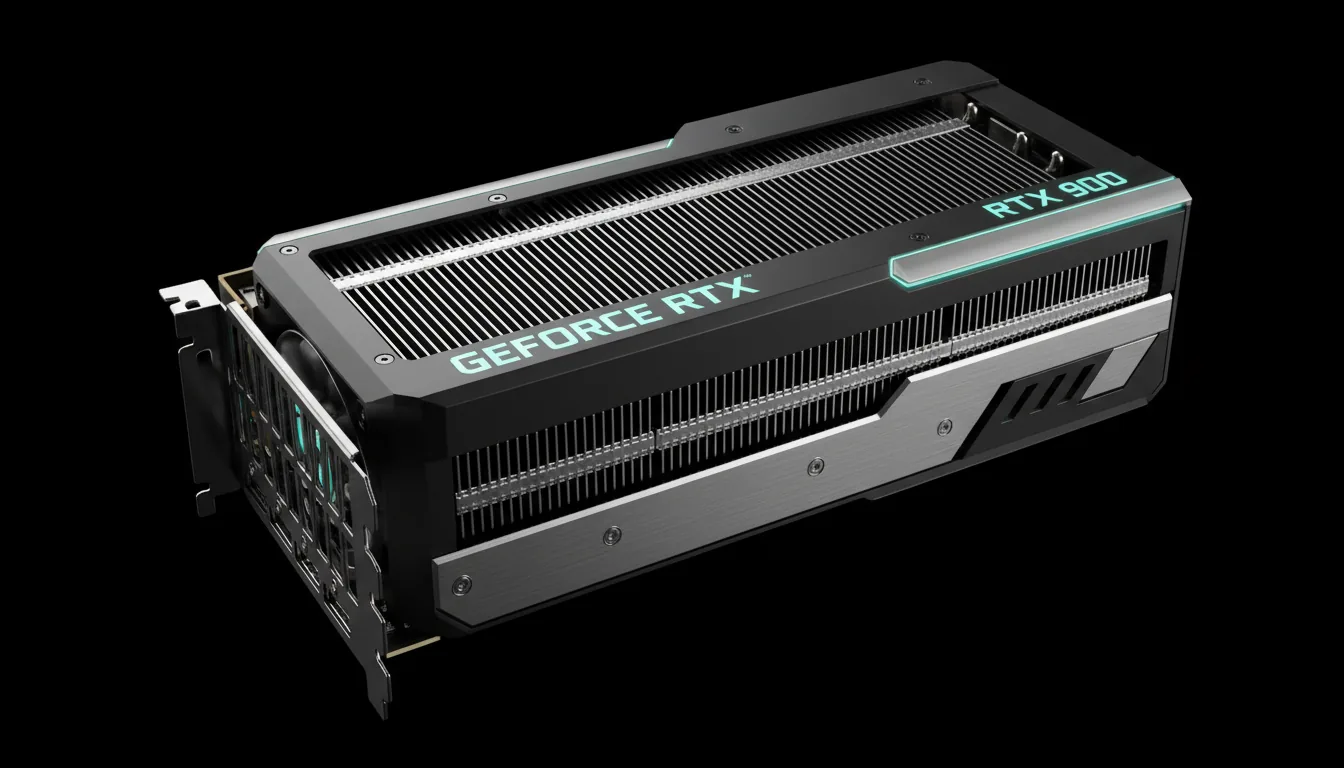 Macro DSLR product photography of a high-end NVIDIA GeForce RTX 4090 graphics card, angled diagonally against a pure black studio background. Soft studio lighting creates crisp highlights on the matte black and gunmetal gray metallic surfaces, emphasizing the texture of the vertical heatsink fins and the sleek geometric design. The entire object is in sharp, clean focus, showcasing its industrial form.