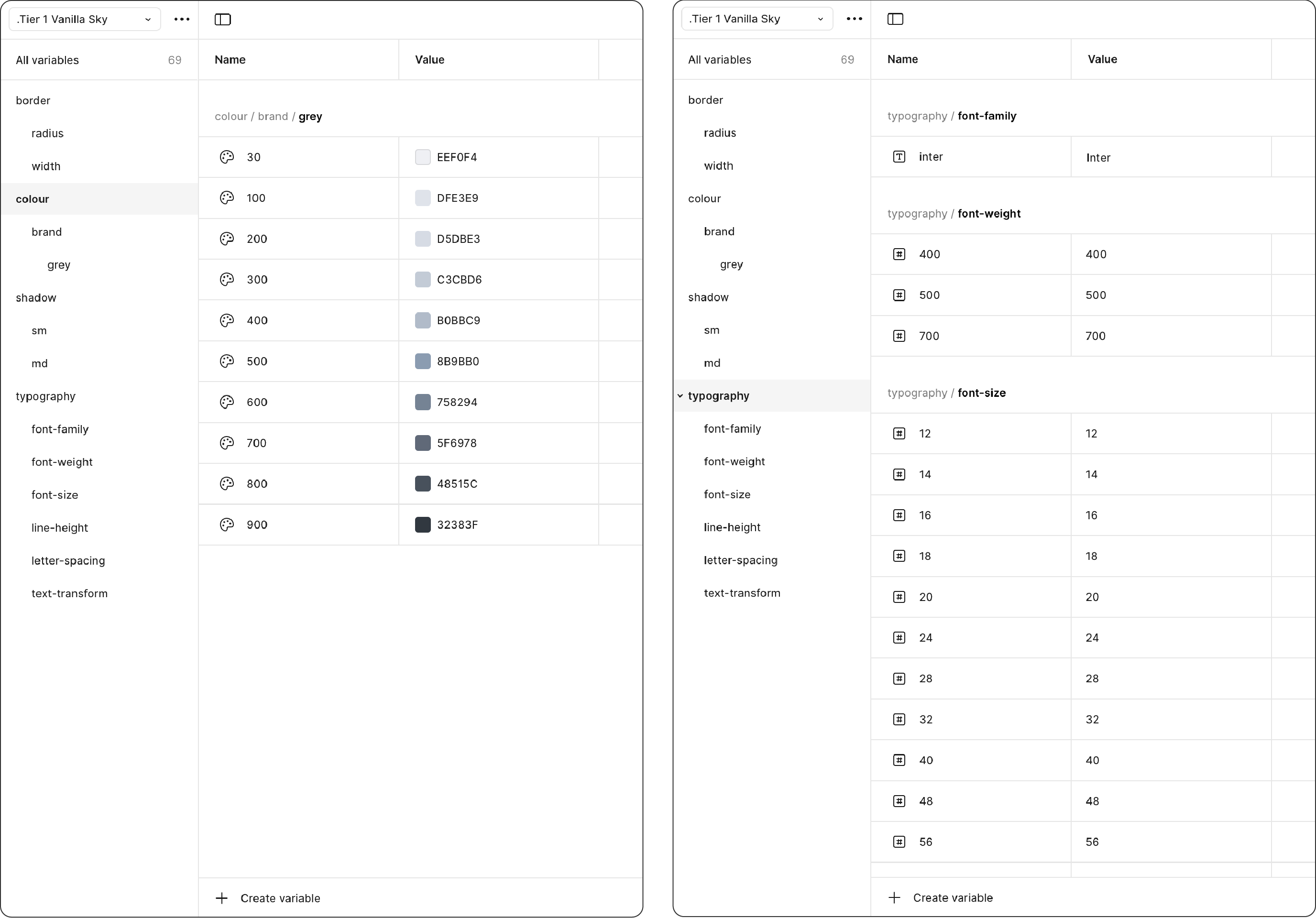 Vanilla Sky theme tokens showing grey colours and typography settings.