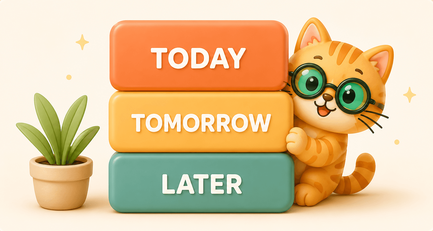 a cute tabby cat wearing green glasses hugging books named "Today", "Tomorrow", "Later"