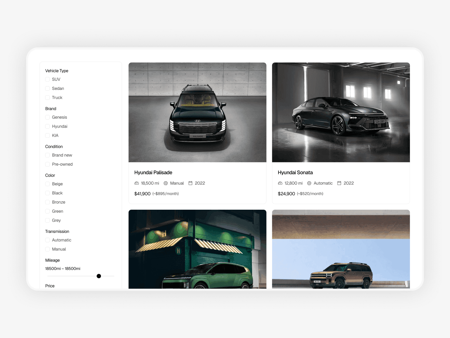 Car dealership website inventory page with sidebar filters for vehicle type, brand, condition, mileage, and price