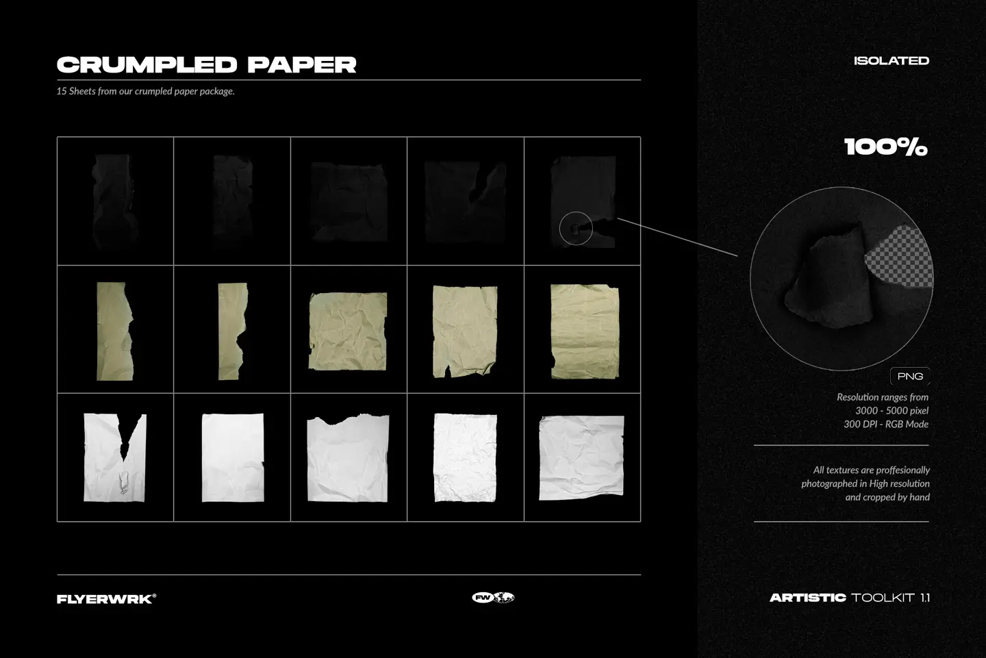 Artistic Toolkit 1 crumpled paper sheets with high resolution textures in black tan and white tones