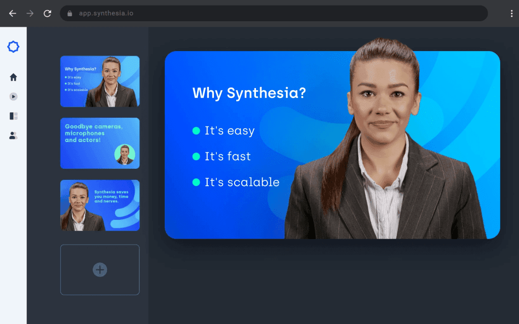 a screen shot of a web page showing a woman in a business suit - synthesia ai - infovox ai - infovox-ai.com