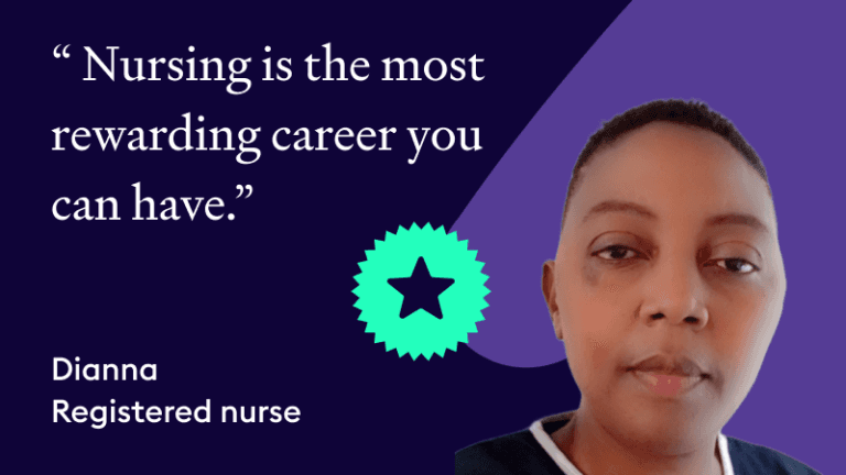 A purple graphic featuring Dianna, a Registered Nurse, with a star award icon and her quote: "Nursing is the most rewarding career you can have."