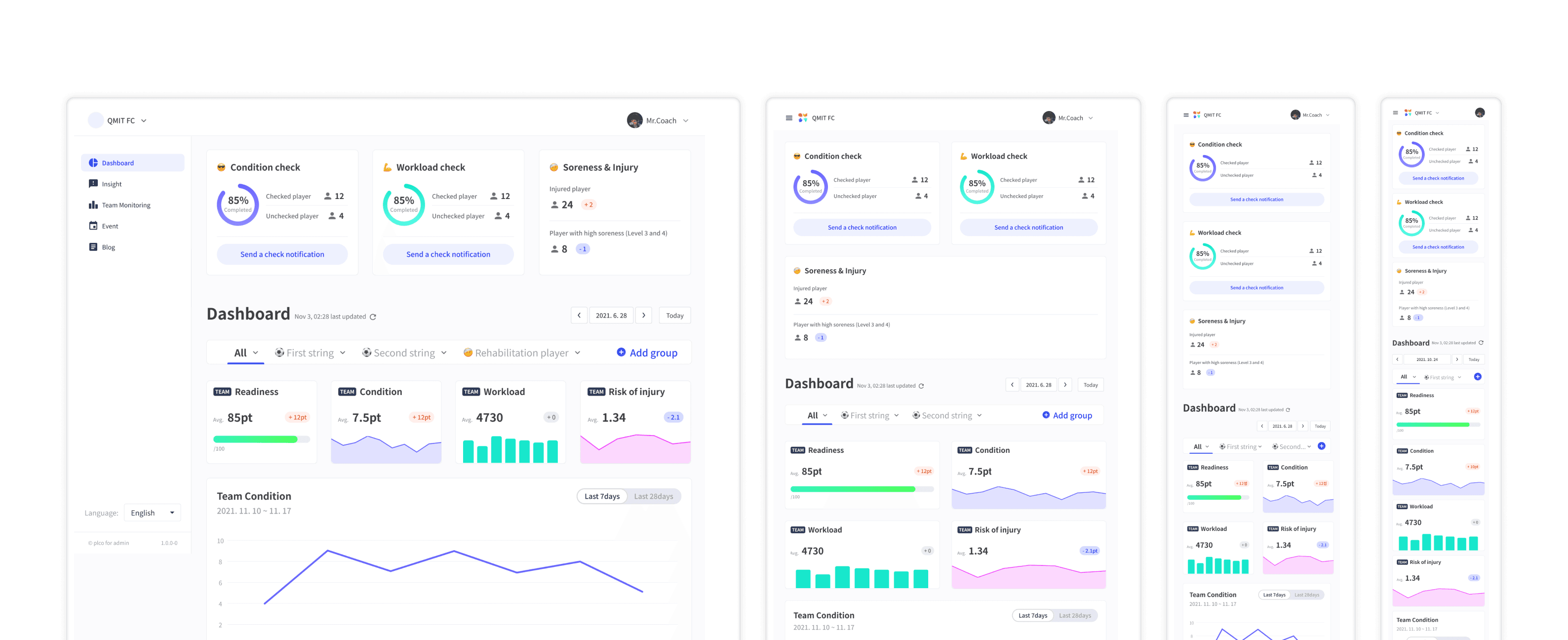 Coach platform responsive breakpoints — mobile, tablet, laptop, desktop