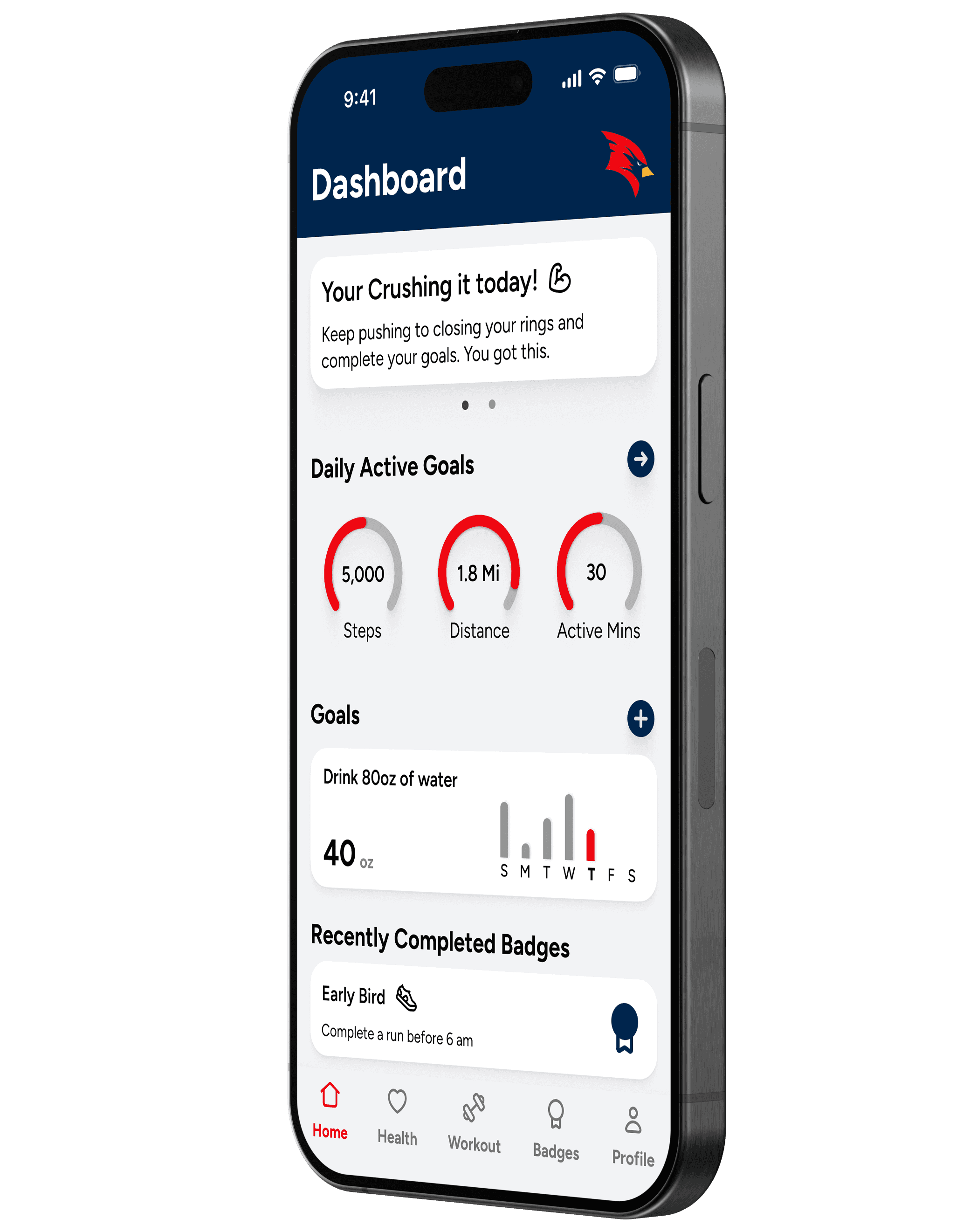 Tilted phone showing the homepage of the app