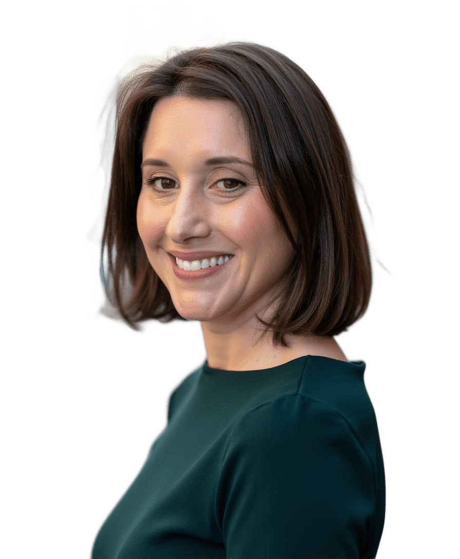 Portrait of founder Brie Entel, chief strategist. white woman in her 40s with shoulder-length brown hair, big smile, and green shirt with high collar.
