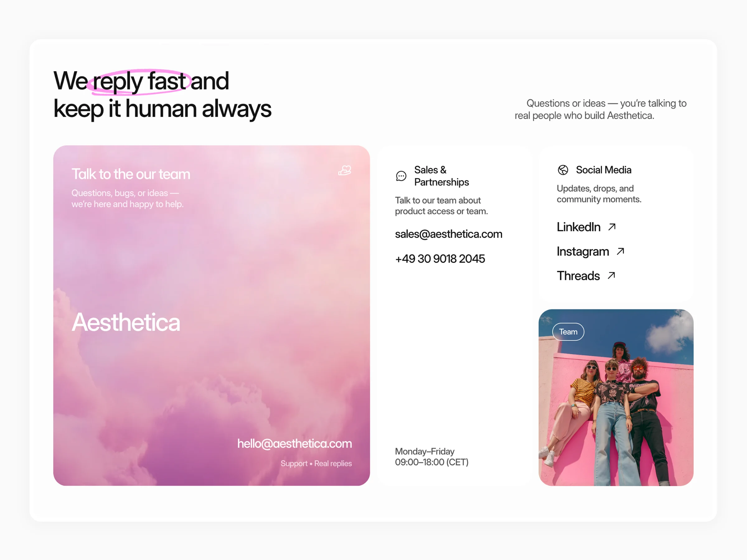 Aesthetica contact and community information section website layout