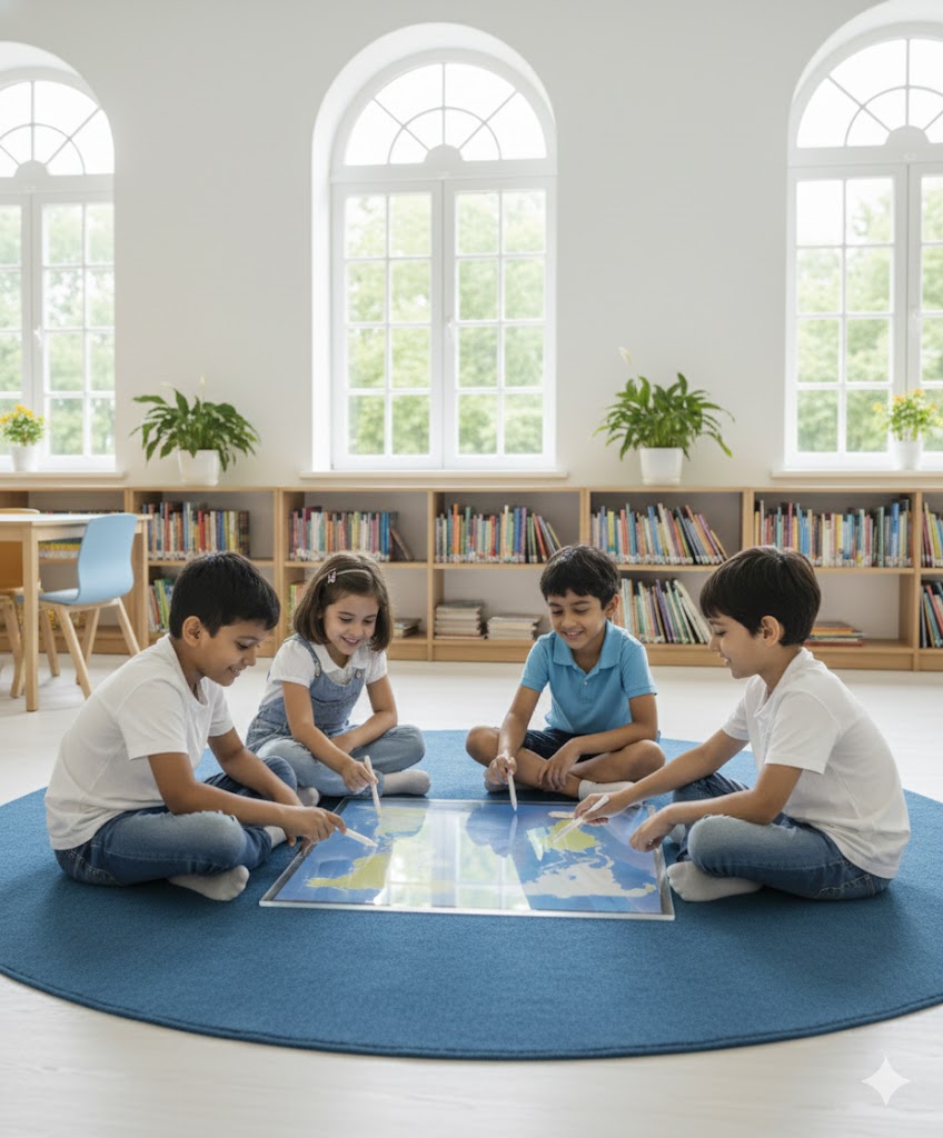 A school building stands against the backdrop of a clear sky