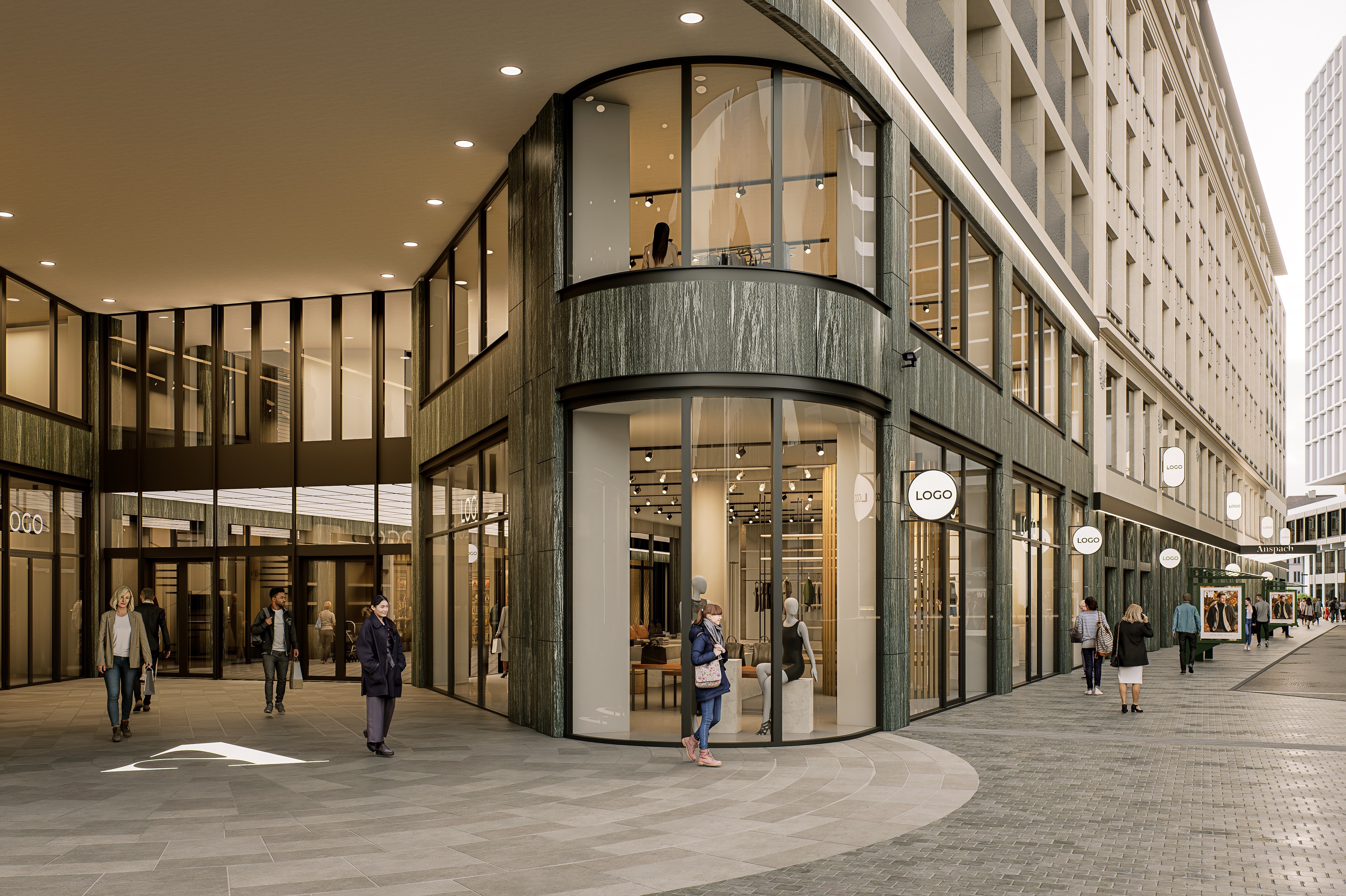 Child walking on a wooden beam with a large tree and swing nearby in a courtyard of modern wooden houses, while another person adjusts a bicycle.