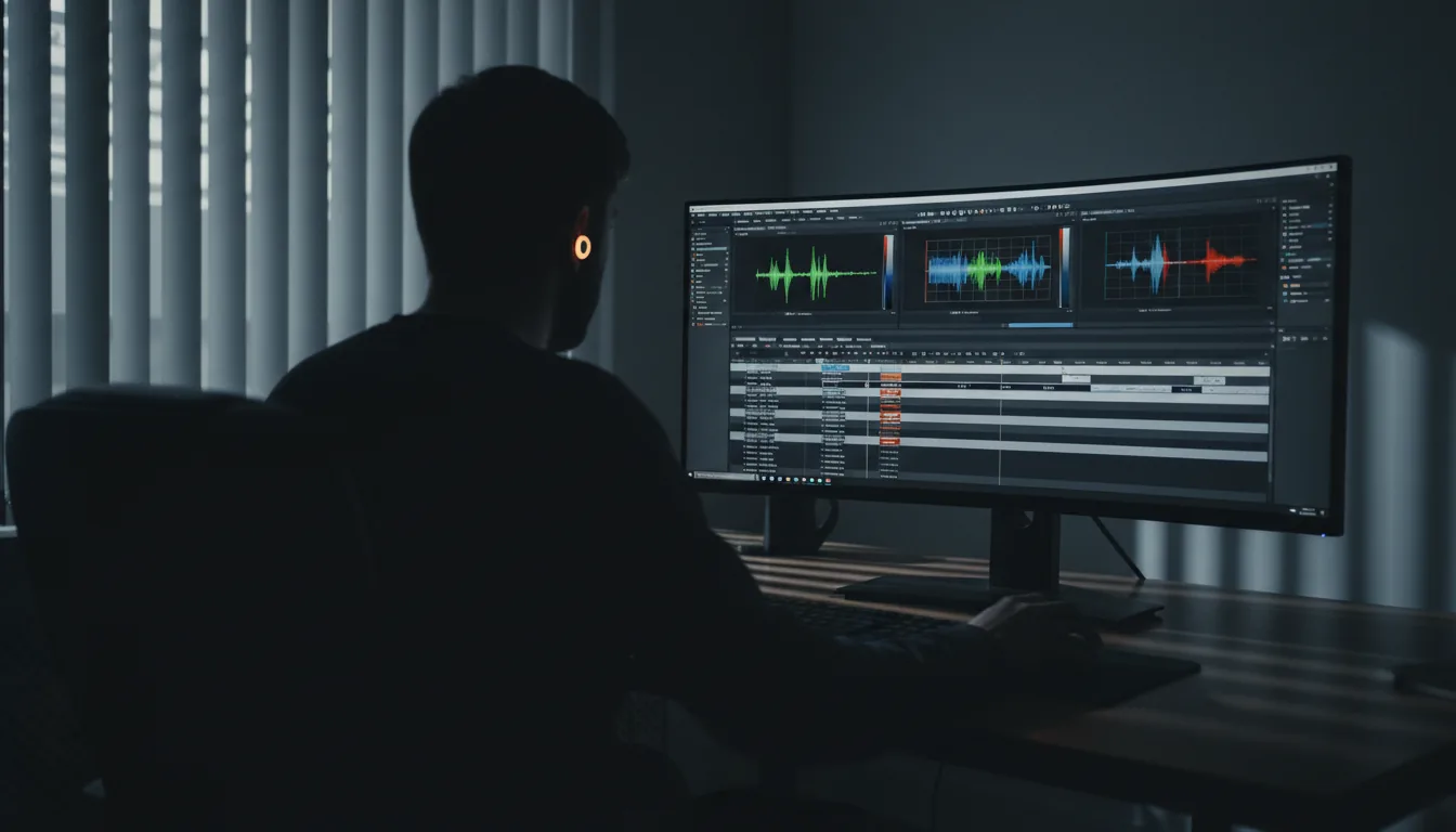 DSLR photography of a video editor's silhouette from behind, sitting at a desk in a dark, moody room. The scene has cinematic contrast, with the only light sources being the computer monitor and soft light filtering through vertical blinds, casting strong shadows. On the screen, the complex user interface of Adobe Premiere Pro is visible, showing a color grading workspace with a timeline and vibrant waveform scopes. The editor is wearing a single, small, glowing orange earbud, which is a prominent focal point. The overall color palette is desaturated and cool-toned, creating a focused, atmospheric feel.