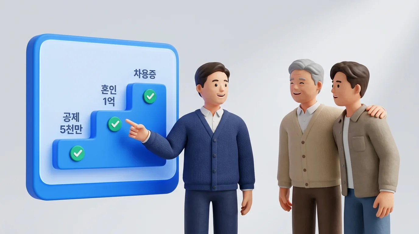 세무사가 부모와 자녀에게 공제 먼저, 초과분 차용증 순서를 안내하는 상담 장면
