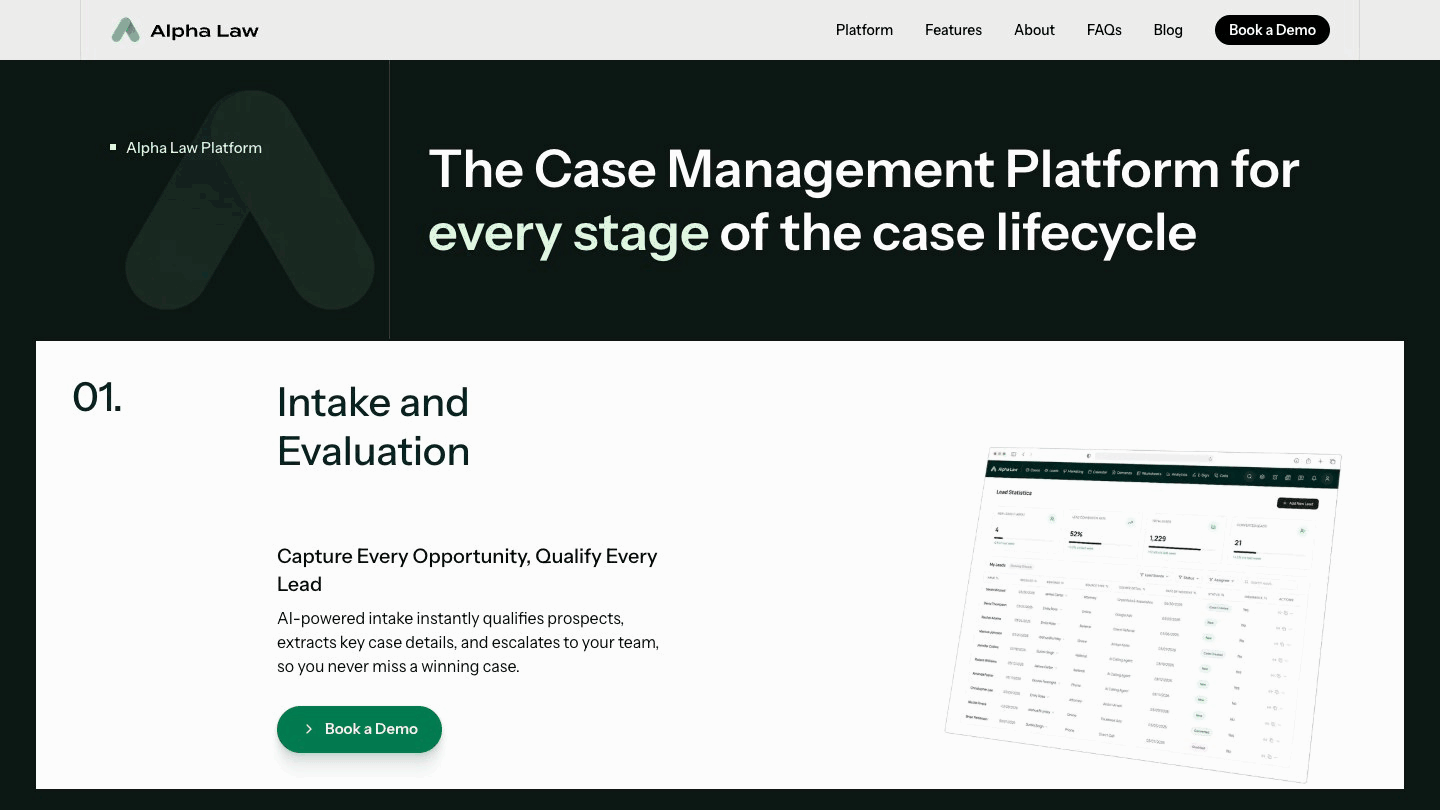 Animation of the Alpha Law platform section: three stage cards, Intake and Evaluation, Pre-Litigation and Litigation, stacking on top of each other as the page scrolls