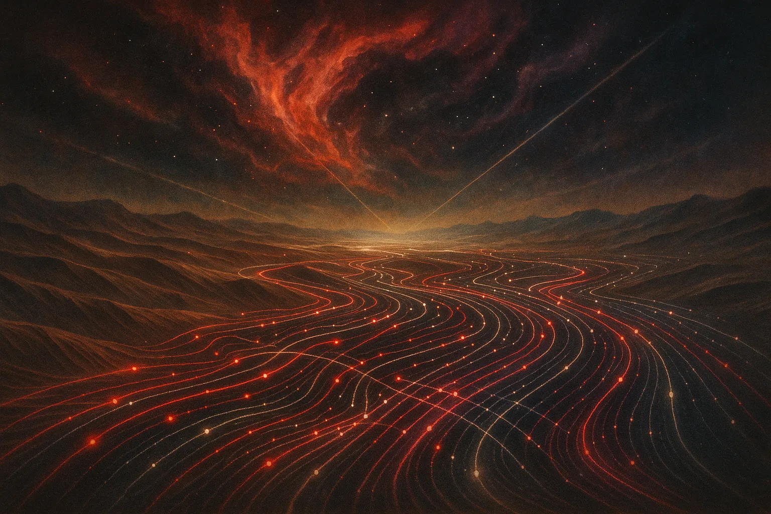 Flowing light patterns over mountains, resembling data streams; RockN' Socials Digital Marketing Agency.