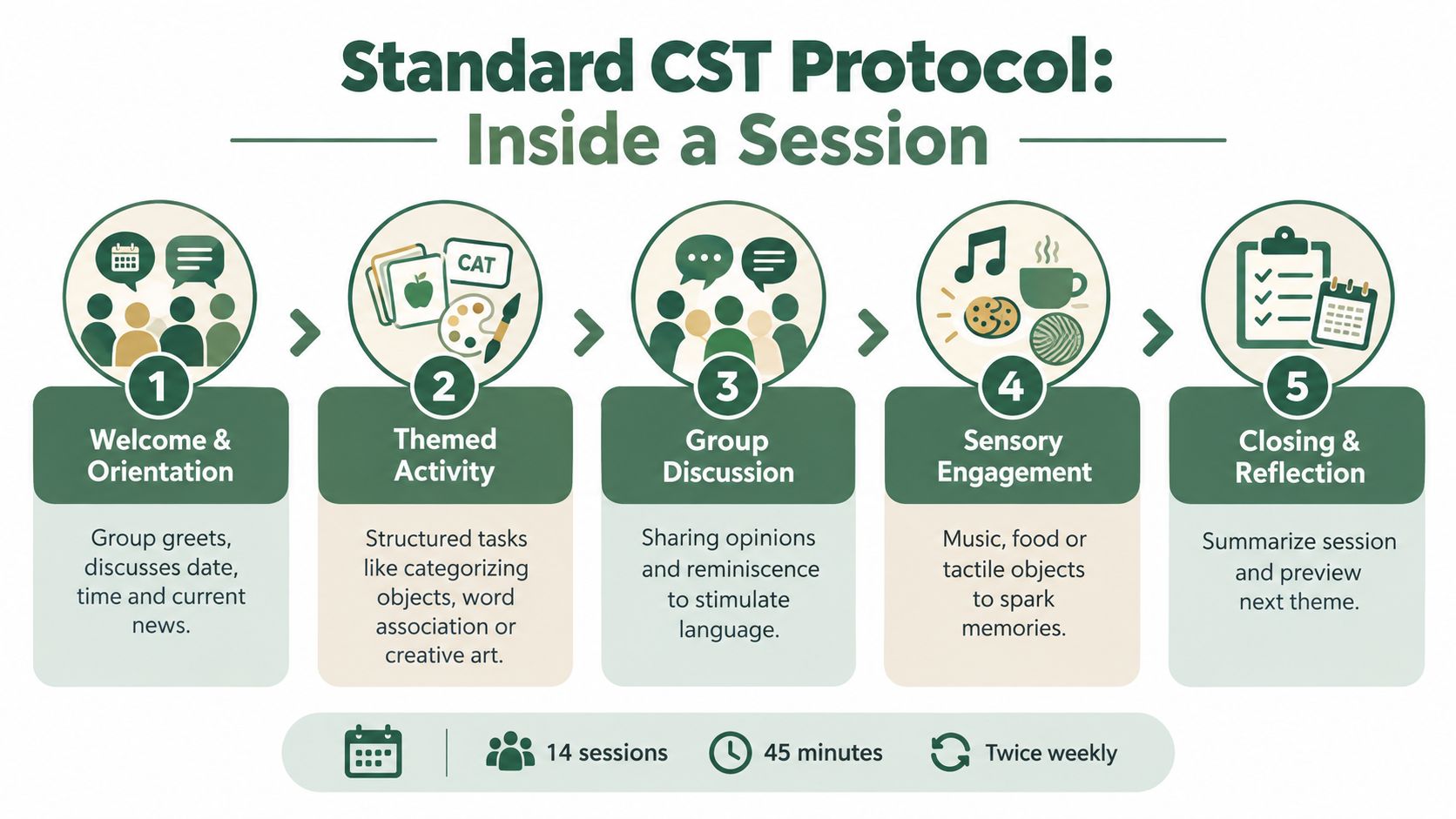 An infographic detailing the five steps of a standard Cognitive Stimulation Therapy protocol for dementia treatment sessions.
