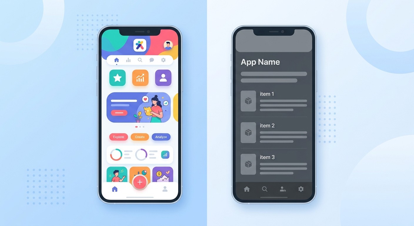 Illustration contrasting an original app with a reskinned template app for Guideline 4.3