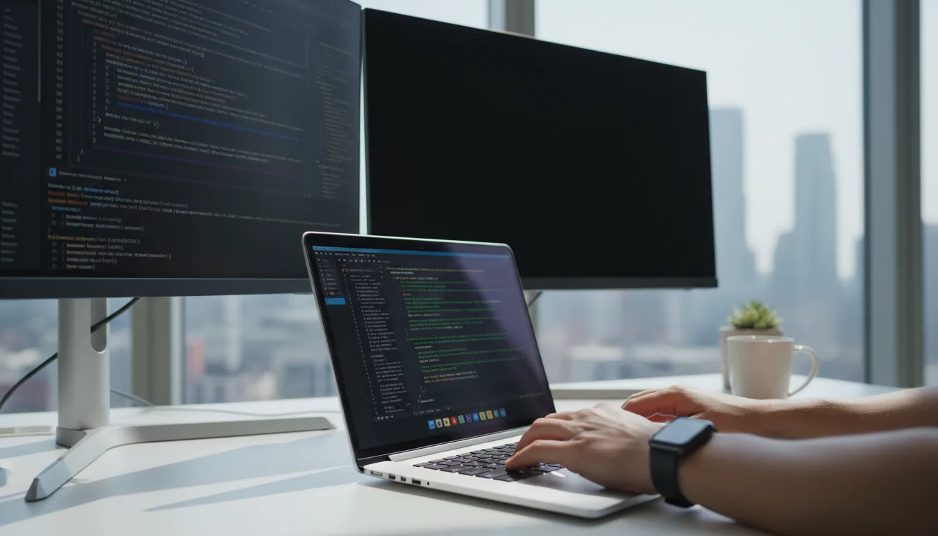 DSLR photo of a modern developer workspace, bathed in bright natural daylight from a large window. A close-up shot focuses on a person's hands typing on a silver laptop. The laptop screen shows a dark mode terminal with green text lines and a row of colorful UI icons at the bottom. In the background, two large monitors sit on a silver stand on a white desk; one monitor displays dense vertical lines of syntax-highlighted code, the other is off. The background has a soft bokeh effect, with the blurred silhouette of city buildings visible outside the window.