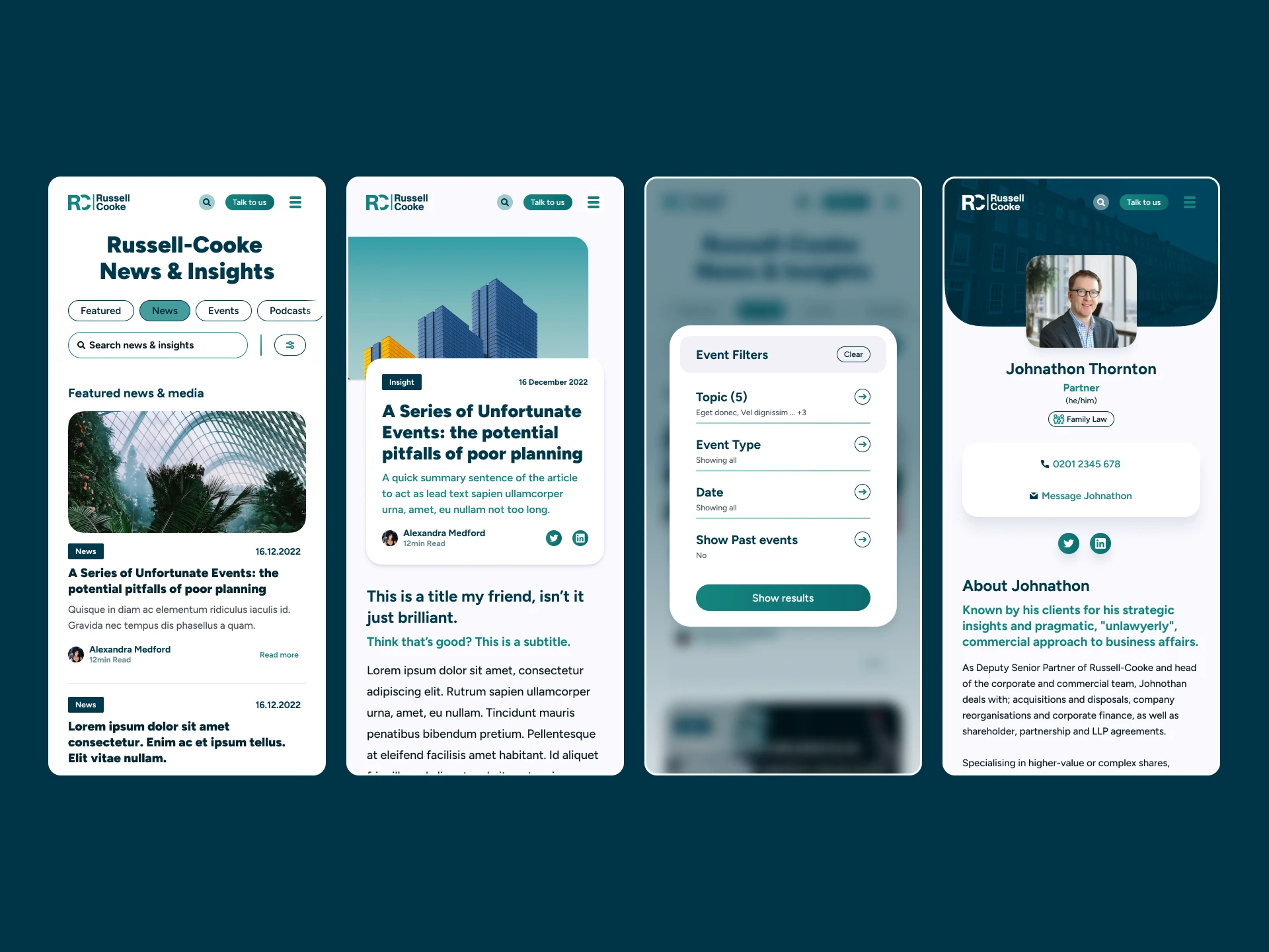 Russell-Cooke Umbraco website mobile images of news and insights, article, filtering, people bip pages built by Cogworks