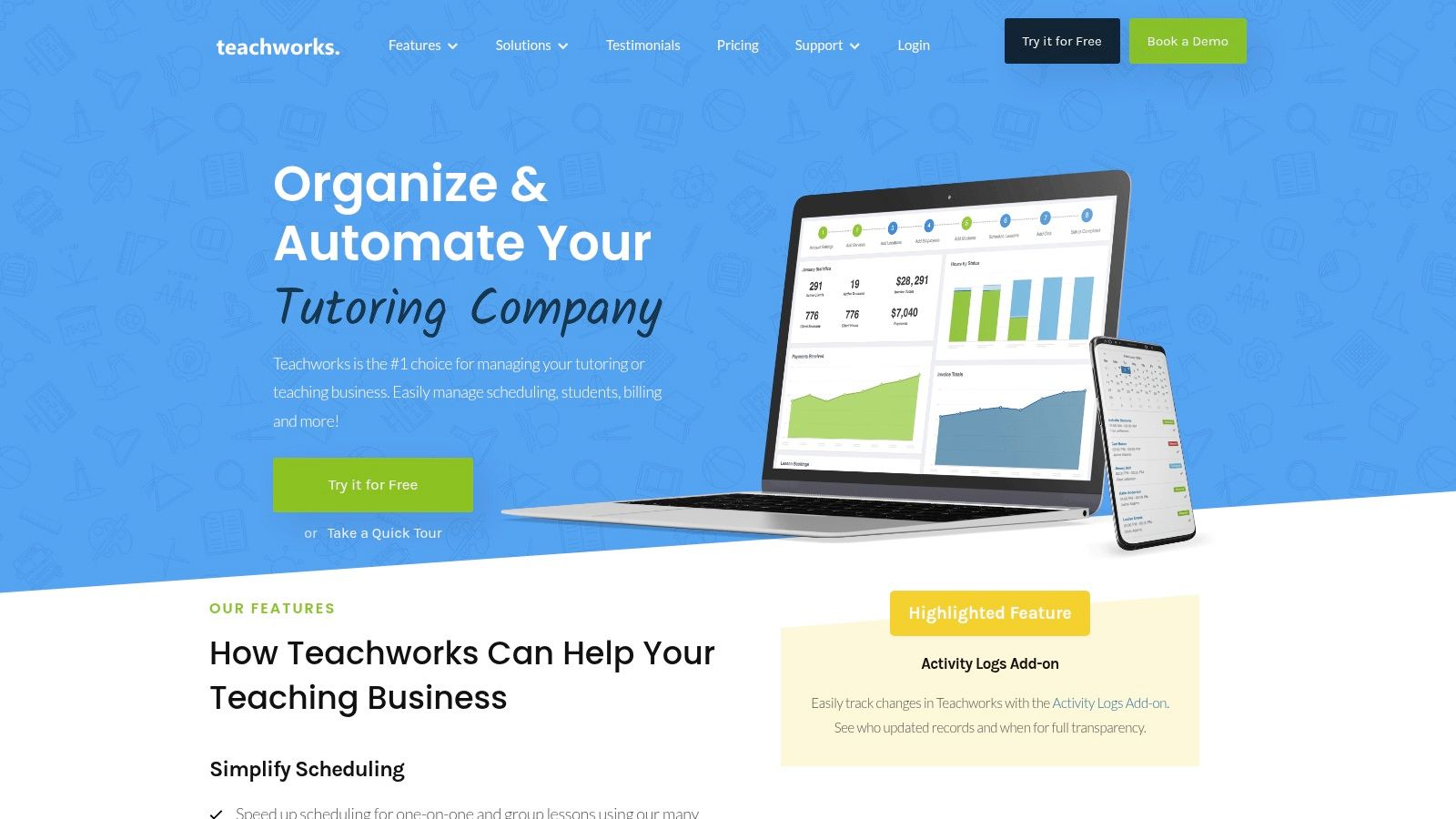 Teachworks calendar interface displaying scheduled lessons for various tutors and subjects.