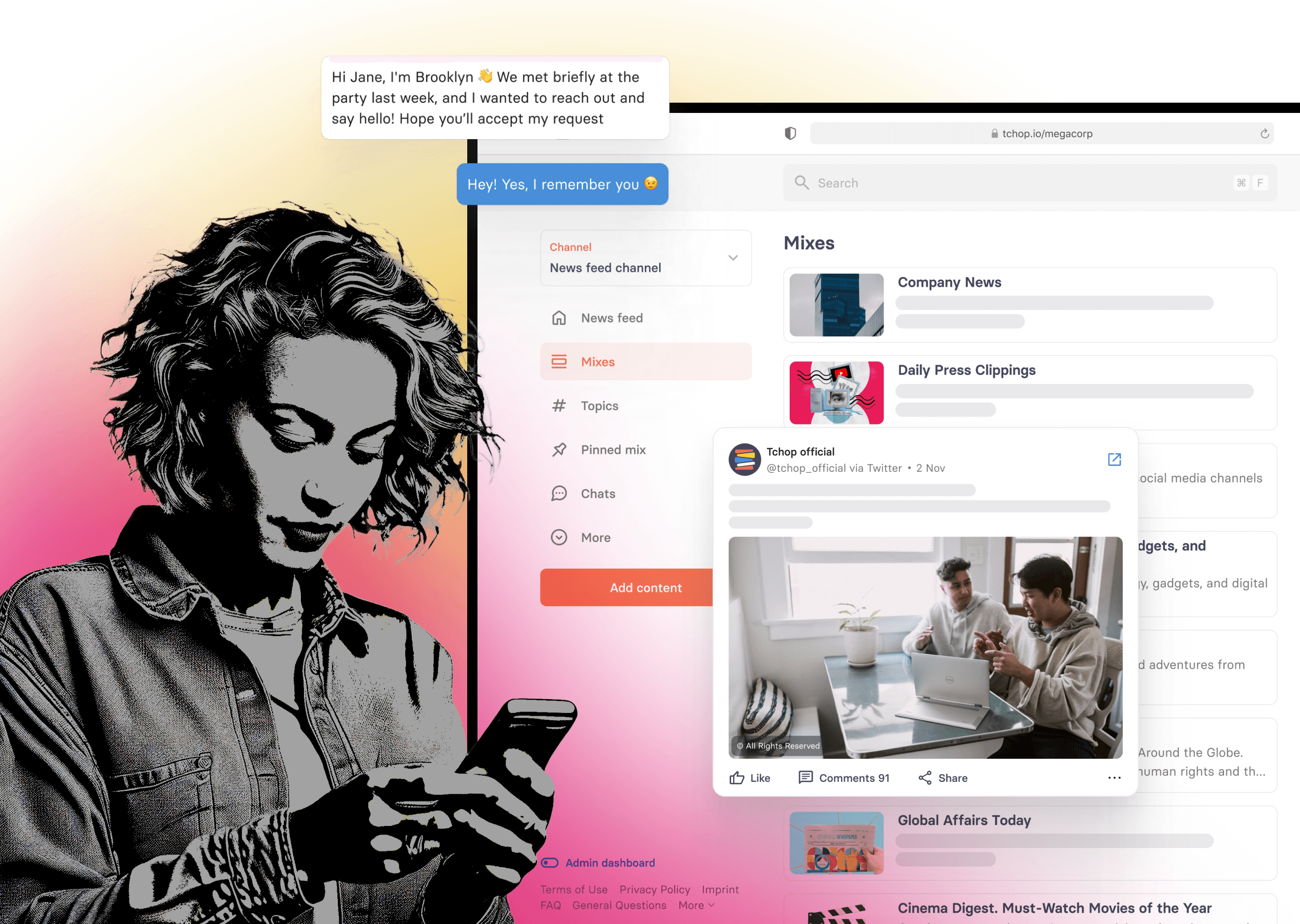 Illustration showcasing how tchop™ provides a flexible communication platform, allowing agencies to personalise user experiences and streamline engagement through branded mobile and web apps.