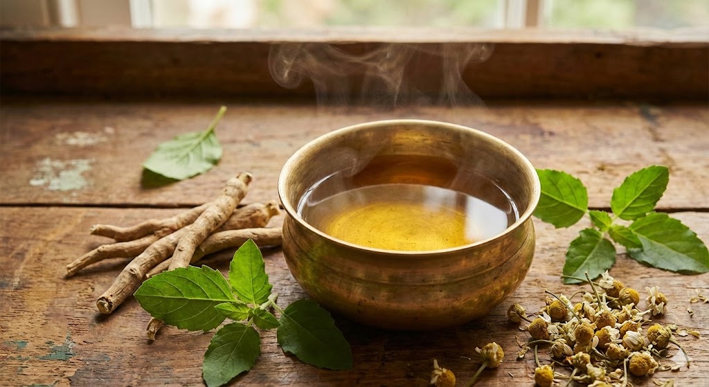 A brass bowl filled with steaming herbal Ayurvedic tea is placed on a wooden table, surrounded by fresh herbs and dried roots, promoting Ayurvedic therapy for lower back pain relief.