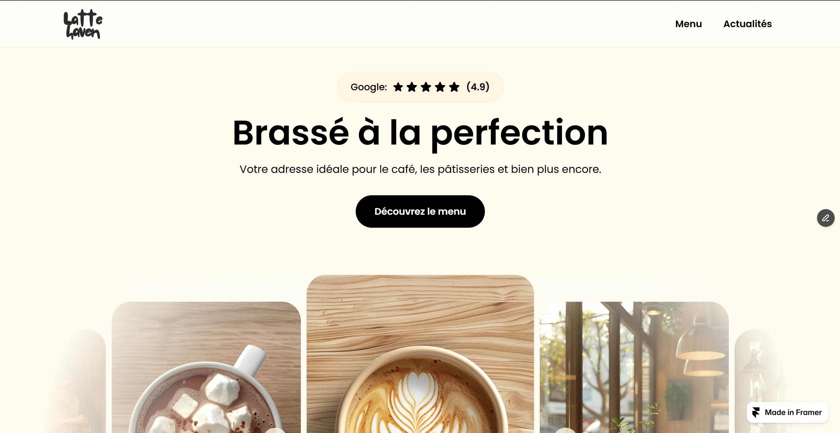 Site web professionnel pour café avec menu et présentation de l’établissement