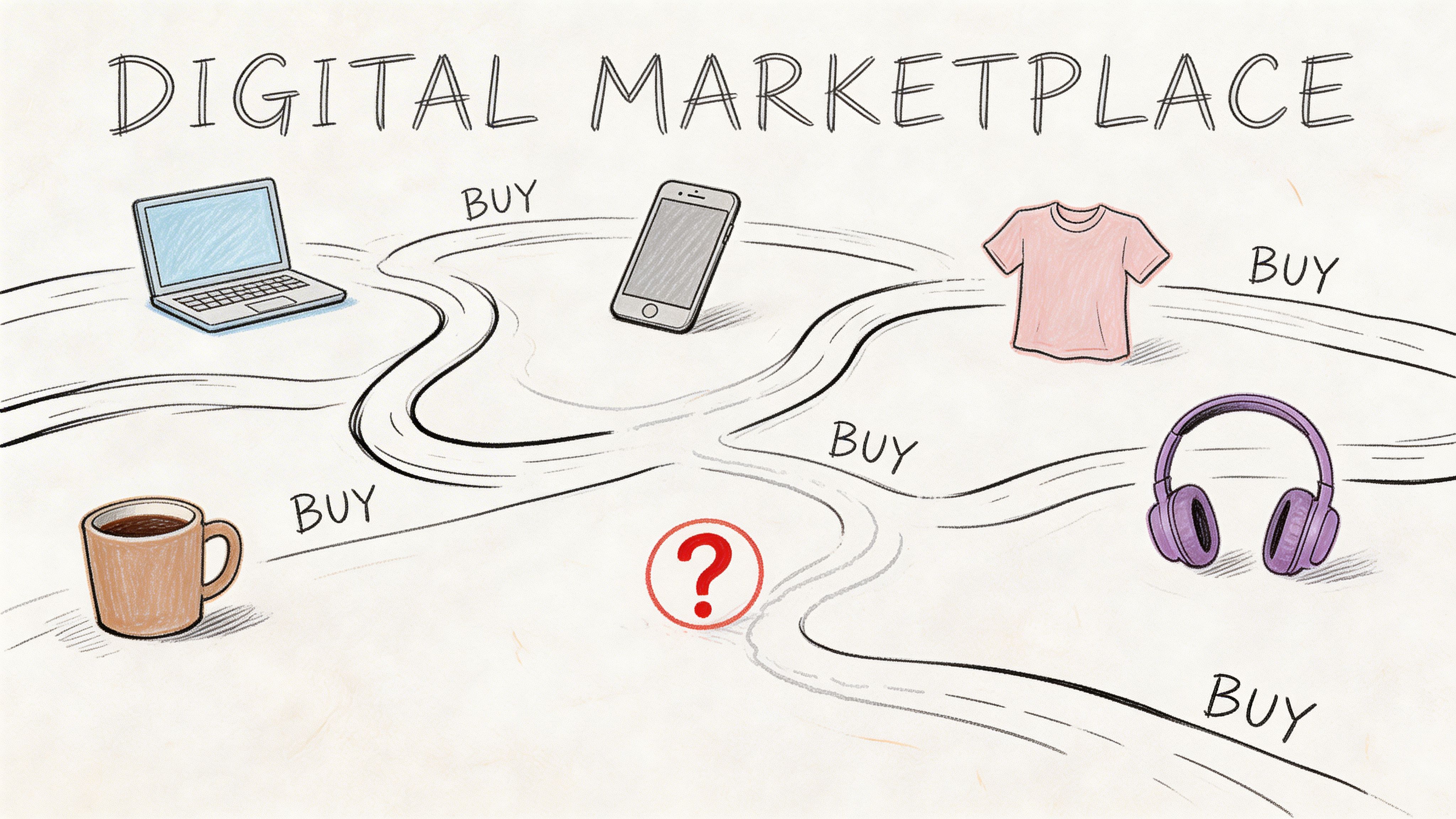 A conceptual illustration of a digital marketplace with various consumer products and a large question mark.