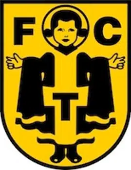 The yellow and black crest of FC Teutonia, featuring a stylized child figure and bold letters "F" and "C" on either side, with a "T" below. This image is accompanied by a testimonial highlighting the ease of creating mobile-friendly tournament plans and enhancing training sessions through quick setup and usability.