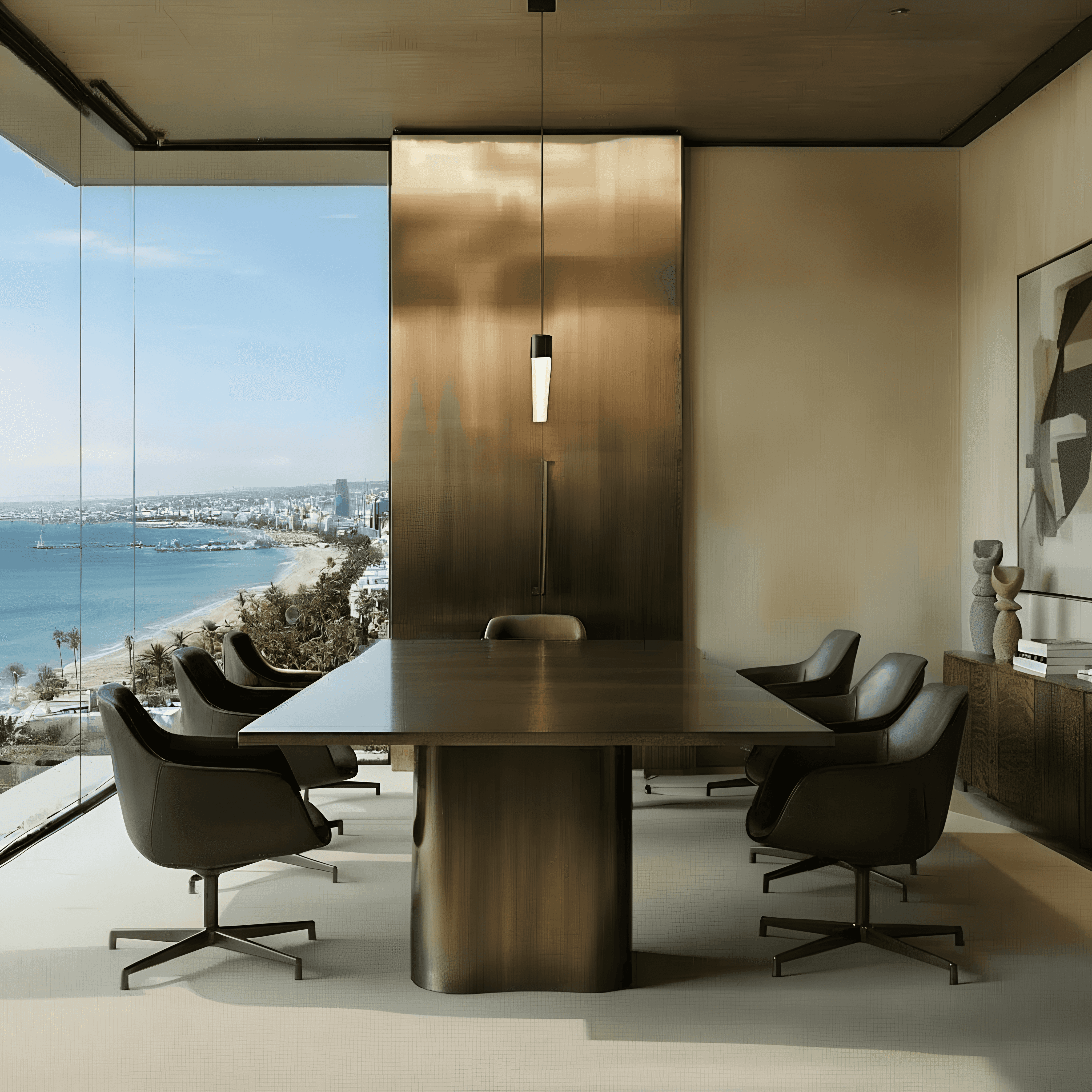 WELL-focused Luxury contemporary boardroom in Cyprus with floor-to-ceiling sea views, refined wood detailing and minimalist interior architecture by topos design studio