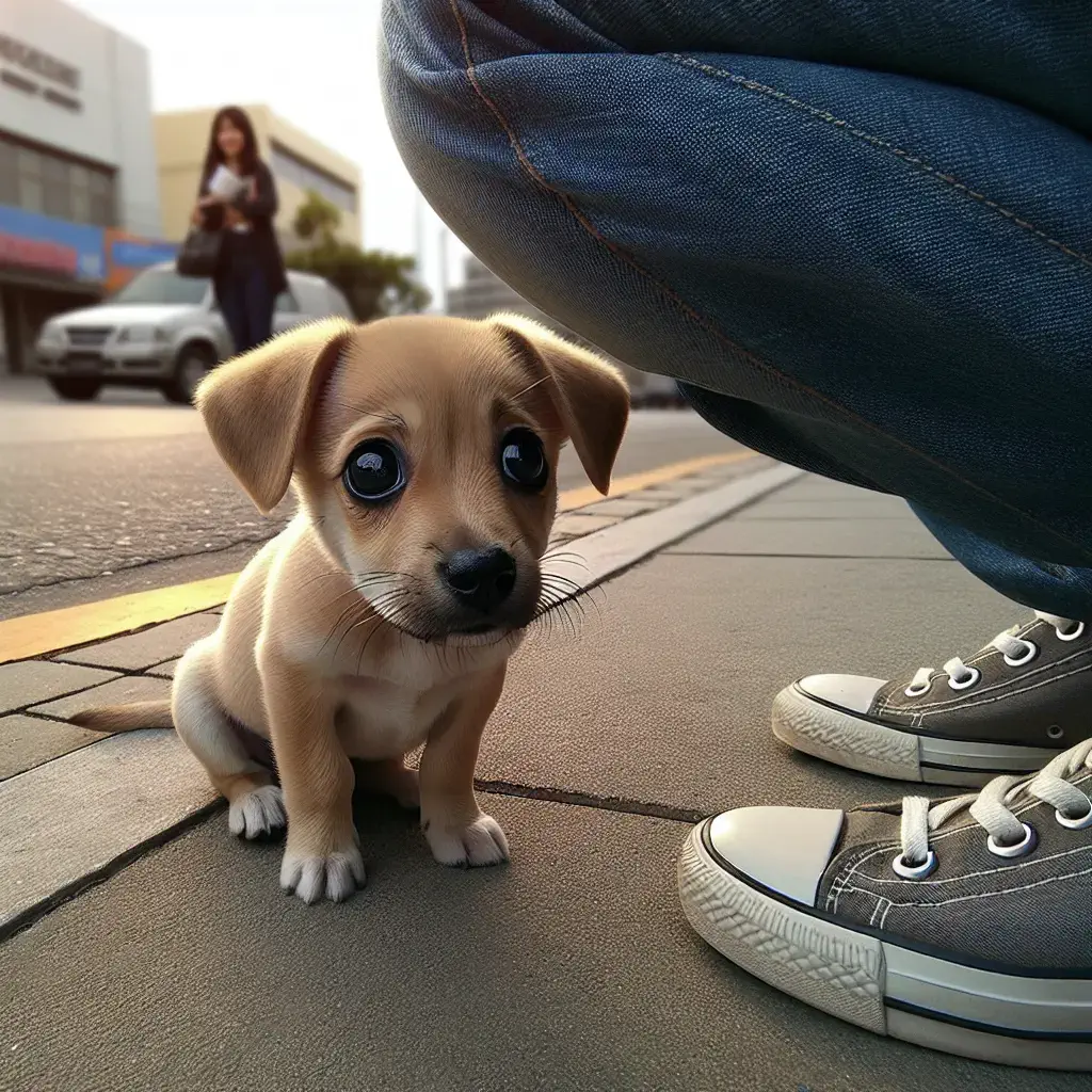 A nervous puppy hiding behind human crouching next to him on sidewalk