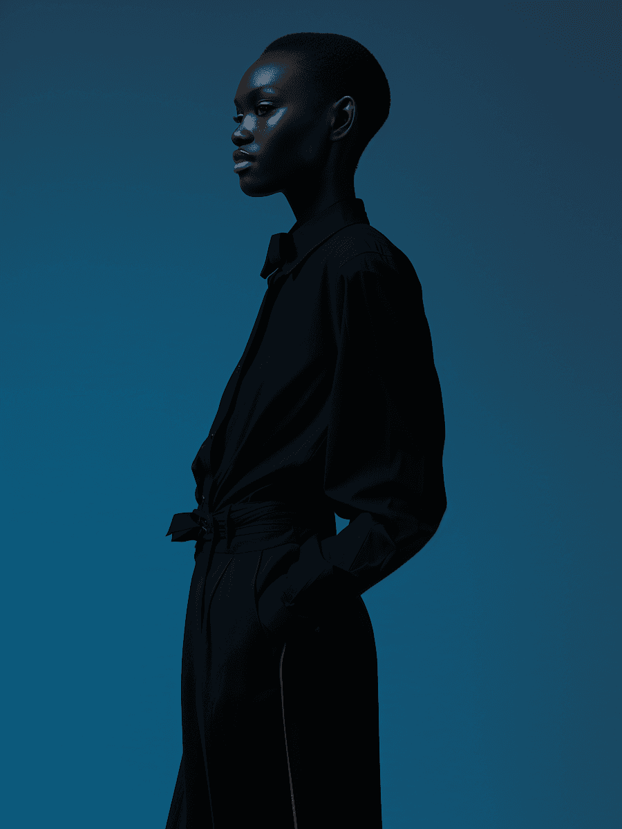 Silhouette of a person in profile, dressed in formal attire against a deep blue background.