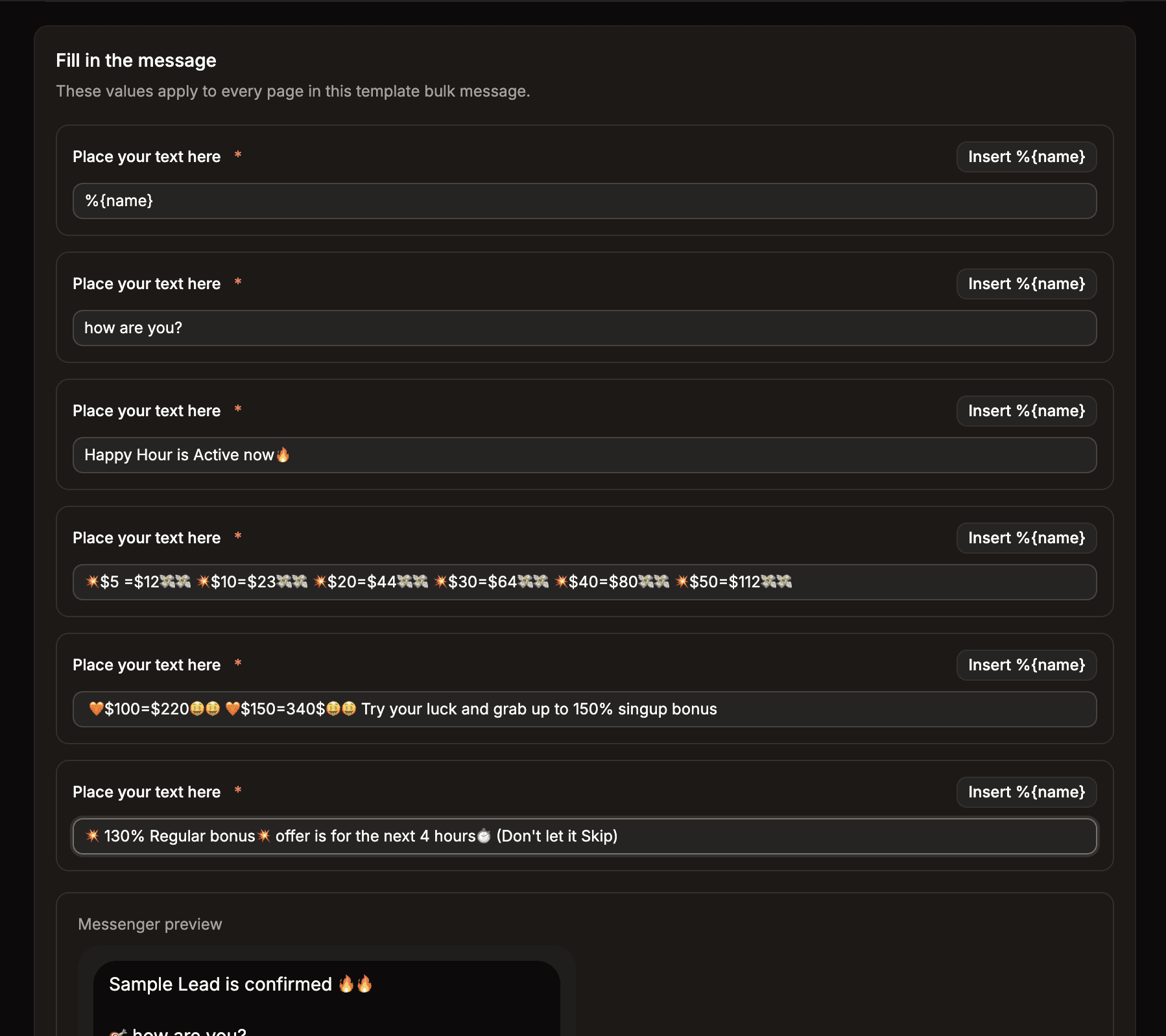 Template message fields filled in with text and the %{name} placeholder, with a live Messenger preview below