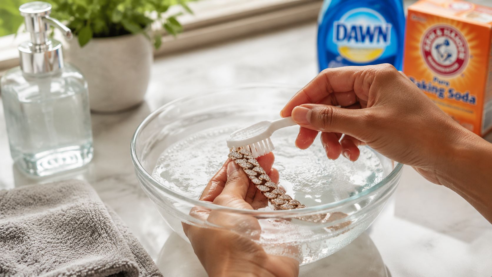 A person cleaning a diamond cuban link chain for men in a bowl of soapy water
